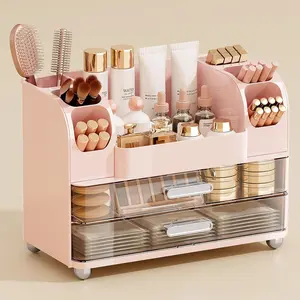 Makeup Organizer for Vanity with 2 Large Drawers, Cosmetic Display Case with Brush Holders, Easy to Storage for Bathroom Countertop Skincare, Perfume, Pink