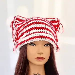 Knottie PurrStripe Beanies - Crochet Cat Ear Beanie Distressed Style with Distinctive Patterns Y2k Aesthetic Handmade Soft Cozy Fabric