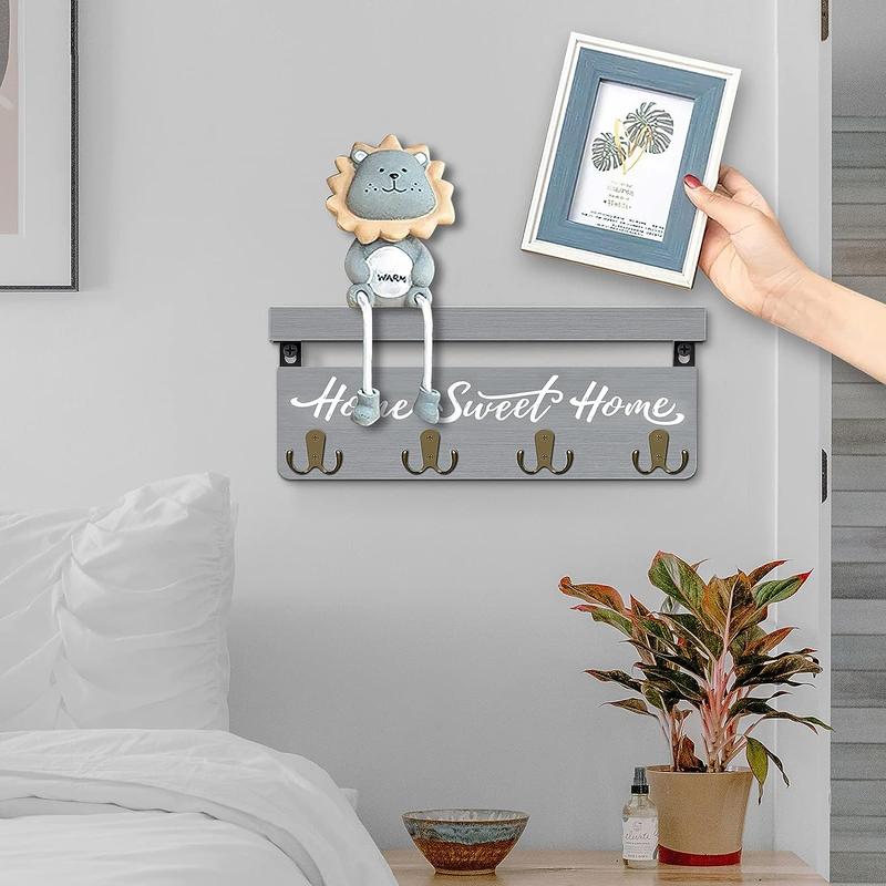 Wall Mounted Key and Mail Holder, Wood Key Holder with 4 Dual Key Hooks, Entryway Country Style Home Decor