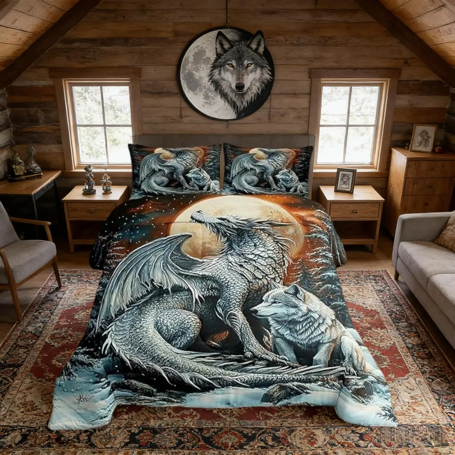 Dragon Wolf Comforter Set 3D Western Wildlife Bedding Set Magical Jungle Animal All Season Quilt Set Mysterious Moon Night Bedding Comforter Sets