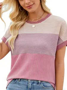 Women's New Summer Style Colorblock Casual Round Neck T-Shirt Top, Fitted Plain Design, Perfect for Summer Fashion