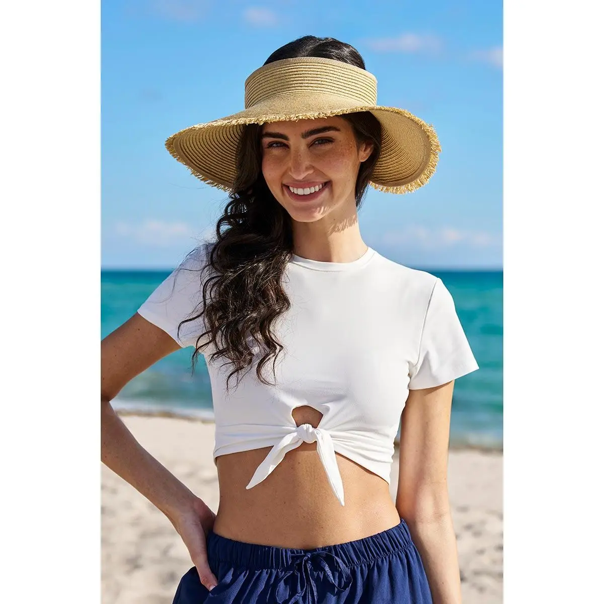 Frayed | Women's Coolibar Rolled Packable Braid Visor | Natural