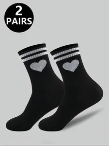 Youth Men's Socks, Striped Heart Design, Unisex Solid Color Crew Socks, Sweat-Wicking Casual Sports Socks, Comfortable Breathable, All Seasons