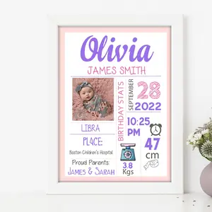 Customized New Born Baby Frame  – Photo & Birth Details Frame 8X10 White/Black/Print Only