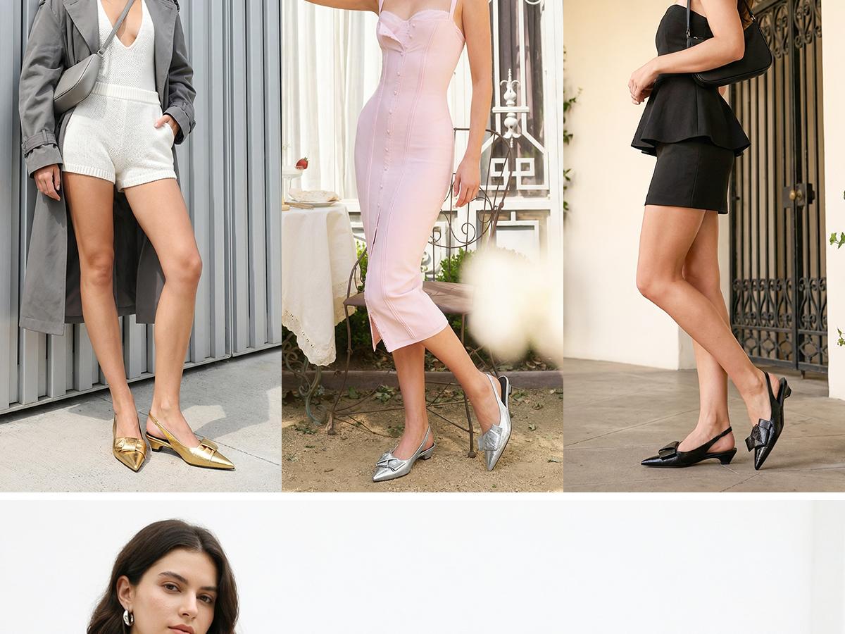 Elegant Bow Slingback Kitten Heels for Women | Pointed Toe Low Heel Pumps | Chic Office & Date Night Shoes 2026 Trend