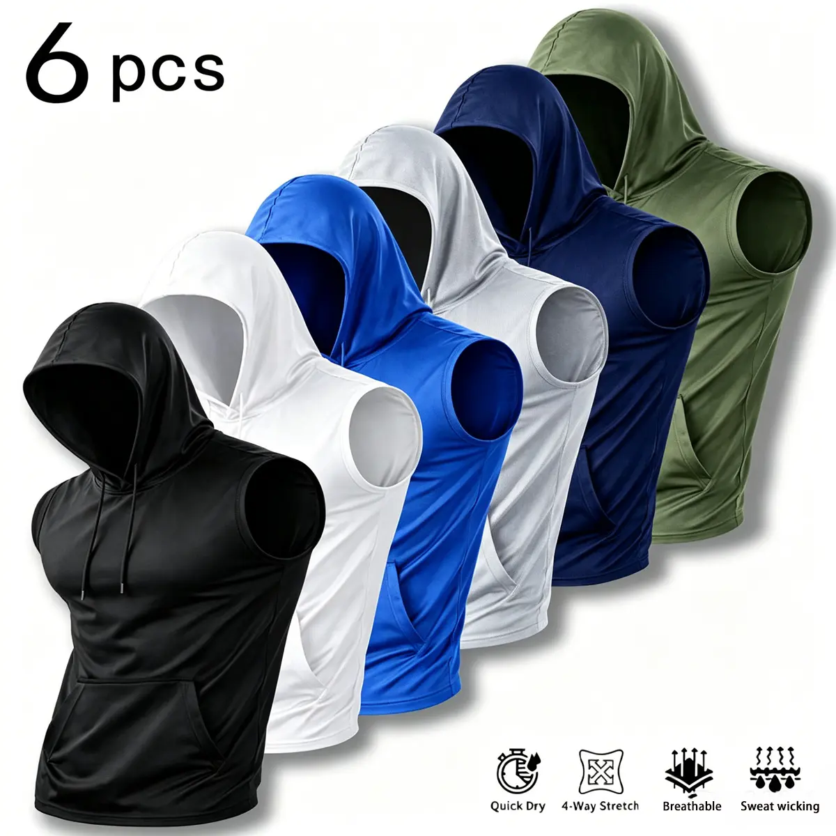 Men’s 6-Pack Quick-Drying Lightweight Sleeveless Sports Vest - Multi-Pocket Hooded Gilet, Suitable for Outdoor Biking, Athletic Activities