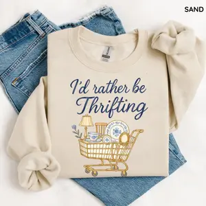 I’d Rather Be Thrifting Sweatshirt, Thrift Aesthetic Graphic Shirt, Blue and Gold Vintage Decor Cart Design, Retro Thrifting Pullover, Boutique Style Top