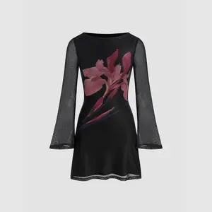 Cider [size 0-10] Mesh Boat Neck Floral Mini Dress