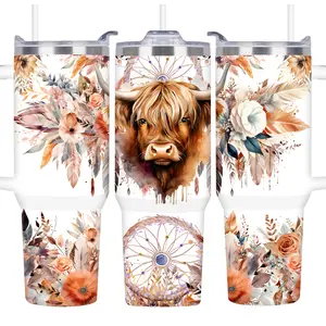 Highland Cow Pattern Tumbler, 1 Count Floral & Cow Pattern Stainless Steel Insulation Coffee Mug, Gifts for Cow Lovers, Birthday Gifts, Drinkware, Water Bottles