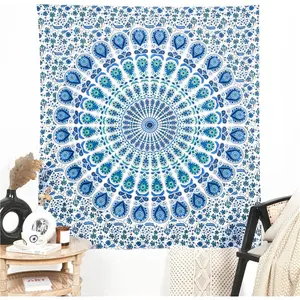 Blue Mandala Tapestry, Boho Blue Peacock Wall Hanging, Large Blue White Mandala Wall Decor for Bedroom Dorm,Boho Blue Mandala Tapestry Large Peacock Pattern Wall Hanging Aesthetic Blue White Circle Bedroom Living Room Decor