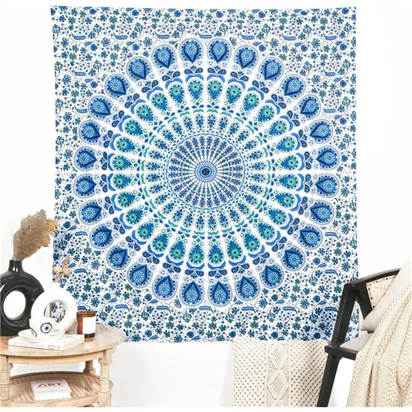 Blue Mandala Tapestry, Boho Blue Peacock Wall Hanging, Large Blue White Mandala Wall Decor for Bedroom Dorm,Boho Blue Mandala Tapestry Large Peacock Pattern Wall Hanging Aesthetic Blue White Circle Bedroom Living Room Decor