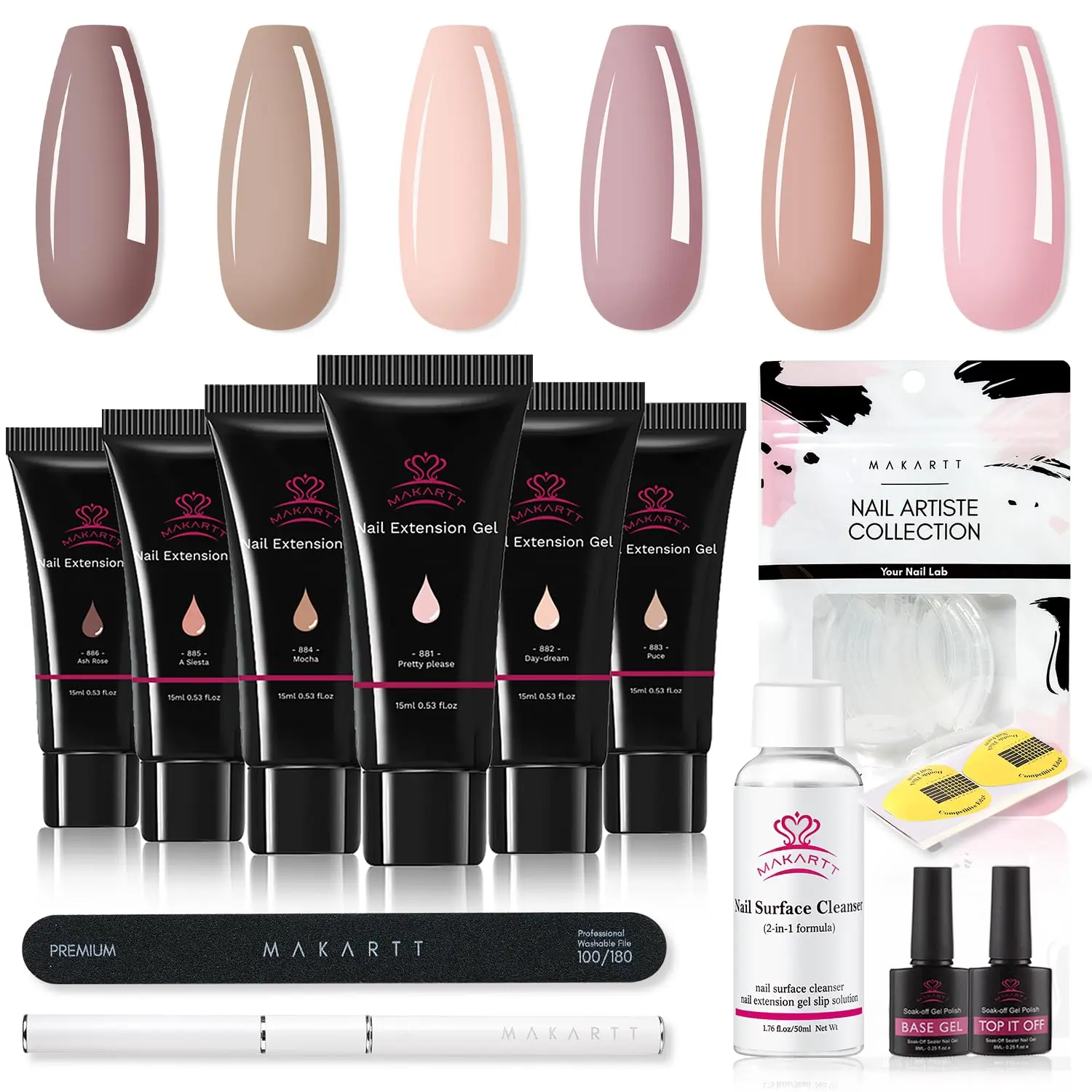 Makartt Nude Poly Nail Extension Gel Kit,  6-Color with Slip Solution, Base & Top Coat Nail Art Design Beginner Kit Valentines gift home DIY gel-x Nail Care Manicure