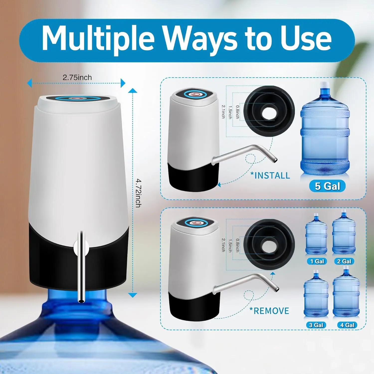 USB Rechargeable Automatic Water Dispenser Pump For 5-Gallon Bottles – Portable Electric Pump With Stainless Steel Spout