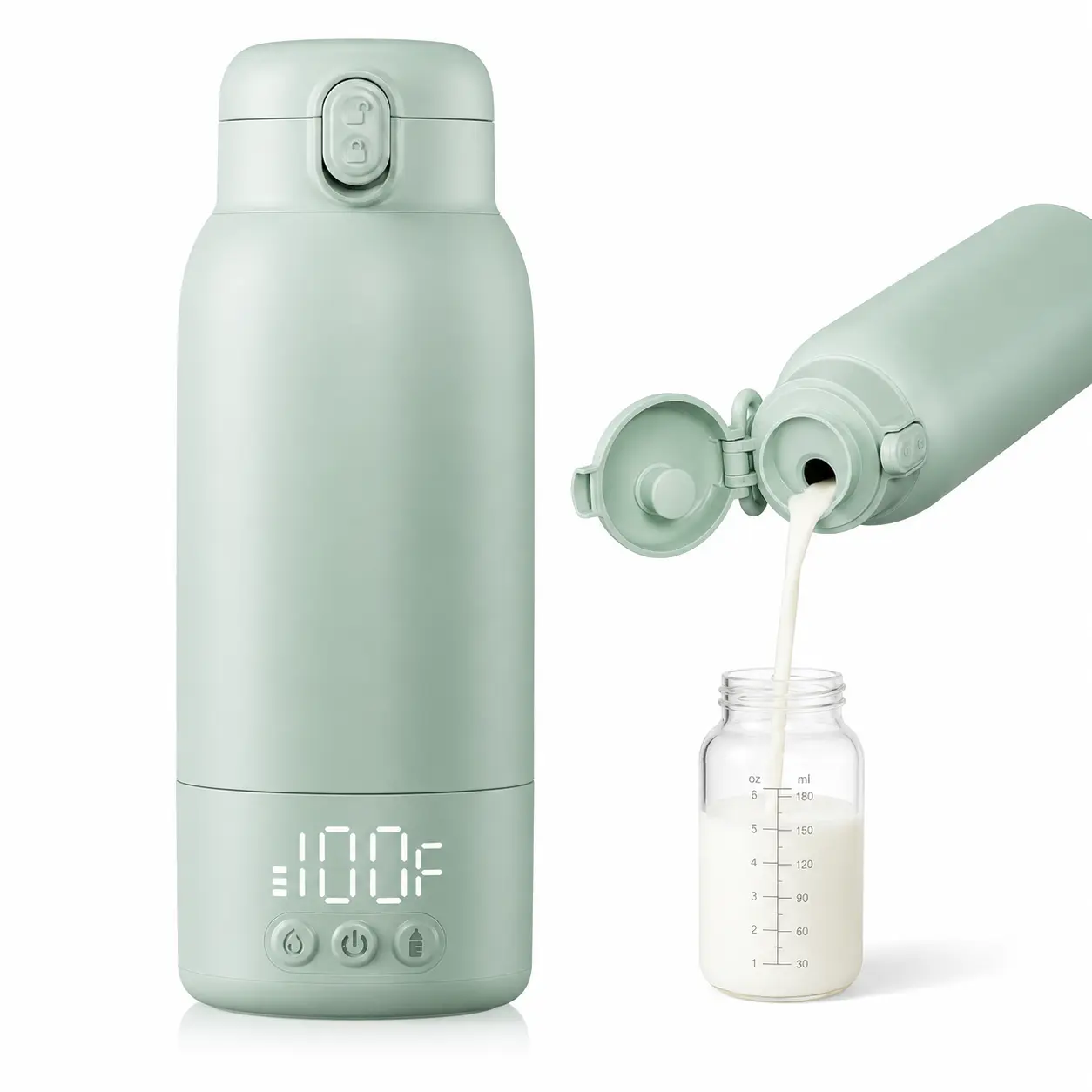 Portable Baby Bottle Warmer, 100W Fast Heating Travel Milk Warmer with Digital Temperature Control, Leakproof Lid and Silicone Bottle Cleaning Brush Set for Breast Milk, Formula and Water storage