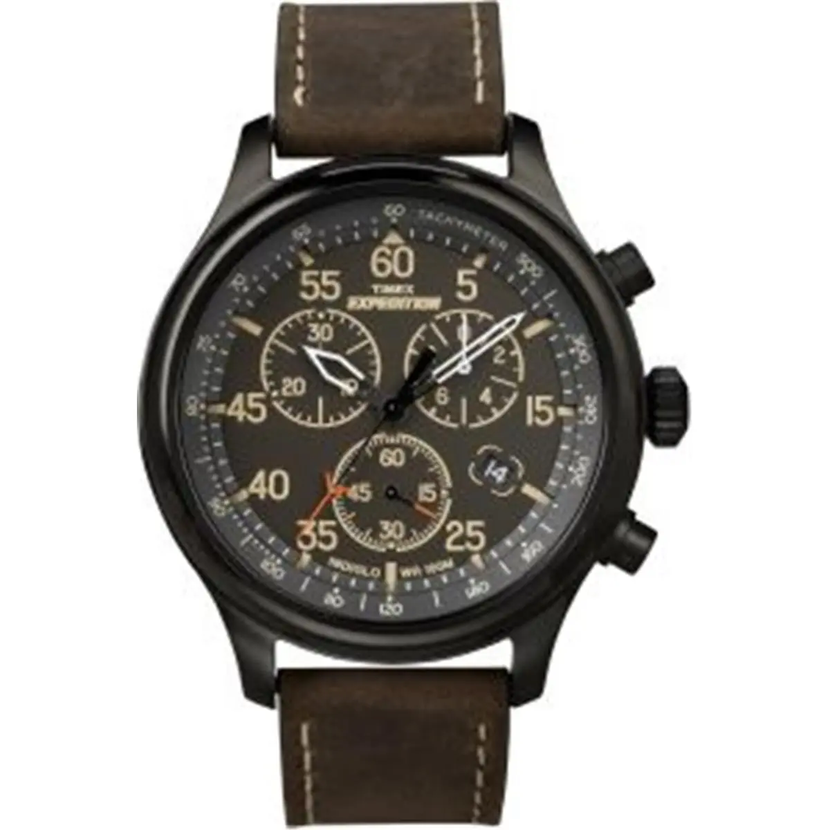 TIMEX Expedition Men's Rugged Field Quartz Chronograph Watch with Brown Leather Strap, Date Window and Arabic Numerals, Male Wear, Rugged Look, Buckle, Tachymeter, Black Colored Quartz Watches