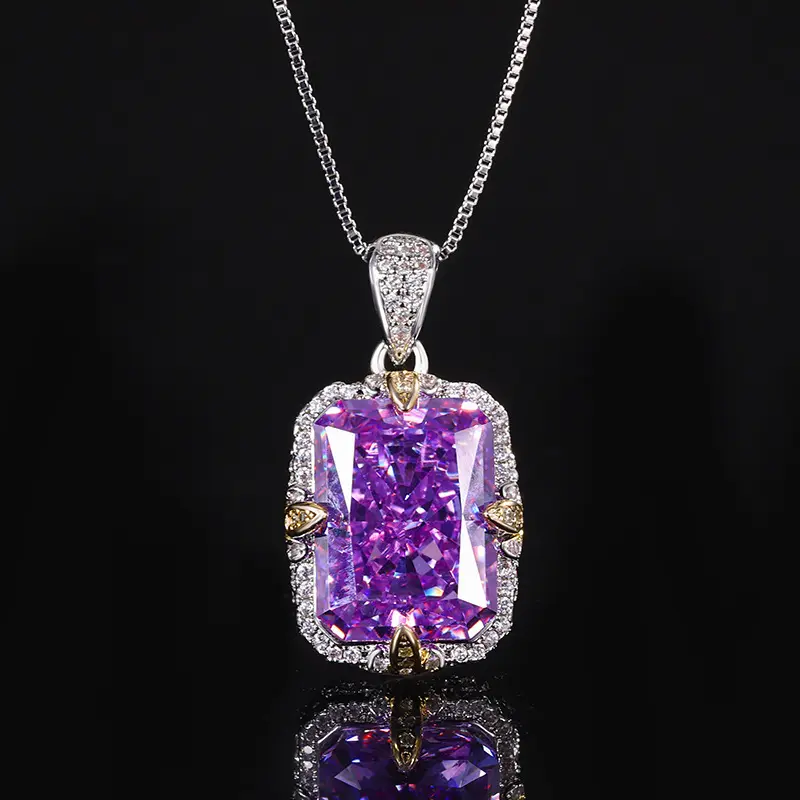 Lab Simulation Diamond Necklaces Purple Birthstone with Charms for Women, Gemstone Pendant Halo Cushion Cut 5A Cubic Zirconia  Perfect Jewelry Gifts-Enhance your Wealth and Luck