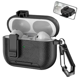for AirPods 1 2 3 4 Pro 2 3 Lock Clip Leather Case with Carabiner, Support Wireless Charge with Stand Rugged Protection Cover, Leather Texture Full Body Shockproof Protection Cover