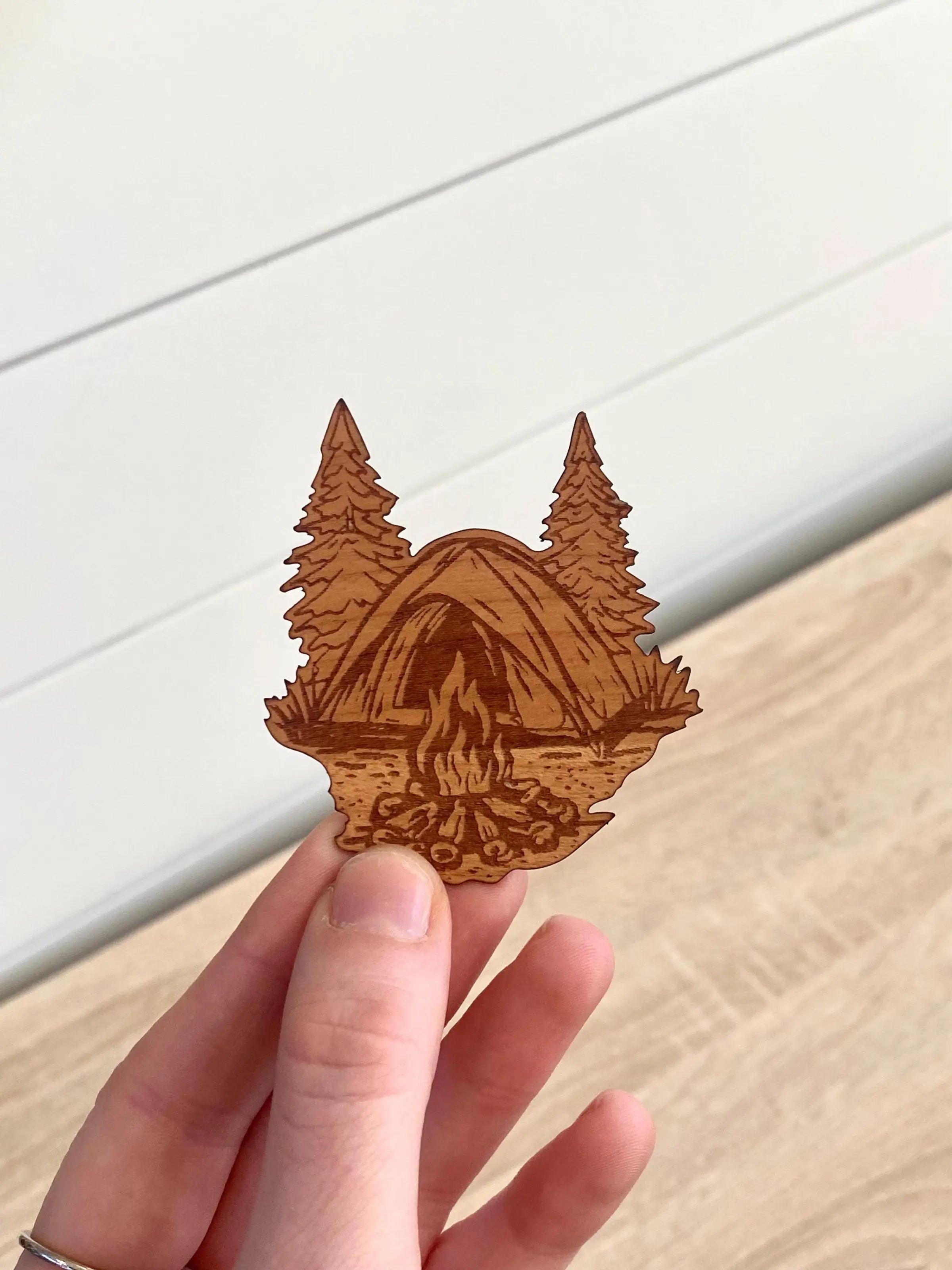 Wood Veneer Camping Sticker: Waterproof Decal for Laptop, Water Bottle