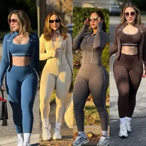 Active 3pcs Set Crop Top Long Sleeve Top Leggings in Multiple Colors for Women's Fitness Wear