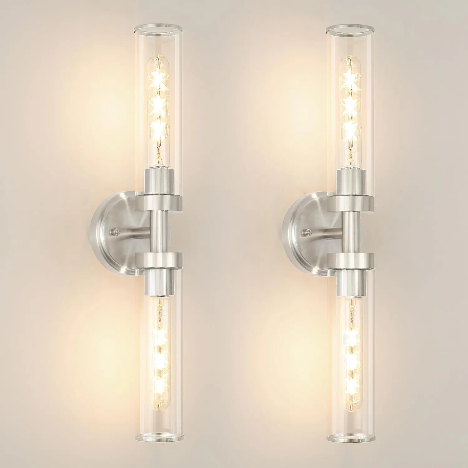 Brushed Nickel Wall Sconces Set of 2, Dimmable LED Vanity Lights with Glass Shade, Hardwired E26 Base Indoor Light Fixtures (Bulbs Required), 22.05 in for Bathroom, Bedroom