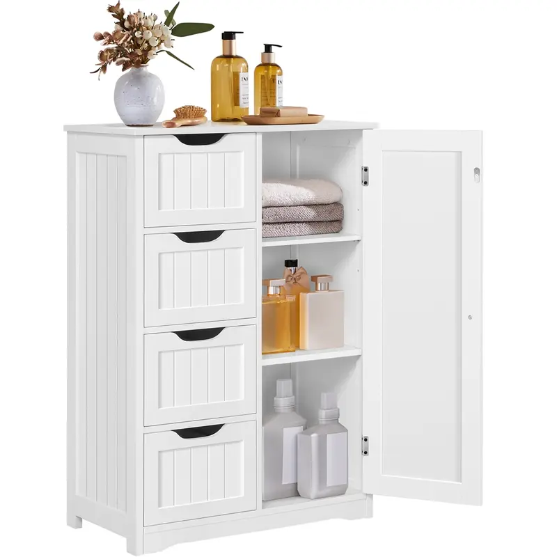 Yaheetech Drawer Chest Dresser - P2-Compliant MDF Wood, 4 Drawers, 1 Regular-Door Cupboard, 56x30x82cm, Waterproof Finish, Beadboard Design, Adjustable Storage, Stopper-Safe Pull, Modern Freestanding Cabinet, Bath & Kitchen Fit, Safer Use