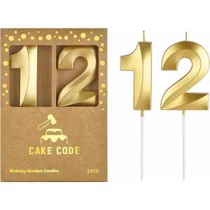 2.76 Inch Diamond Gold 12 Number Birthday Candles, Gold Number Candles, Cake Number Candles, Party Celebration