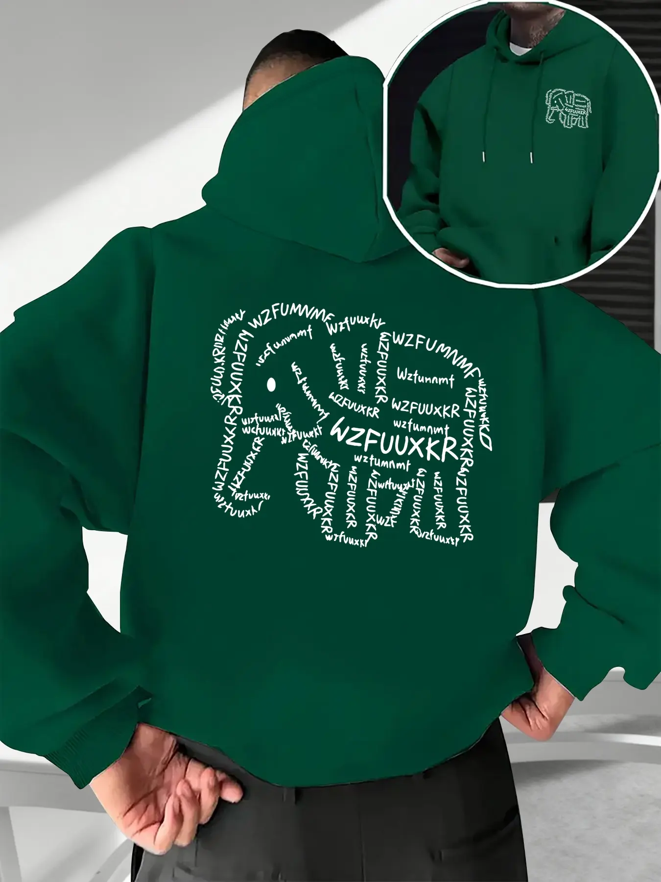 Men's Fall Winter Trendy Hoodie, Letter Elephant Print Front Back, Casual Fitted Pullover, Drawstring Pocket Design, Geometric Pattern