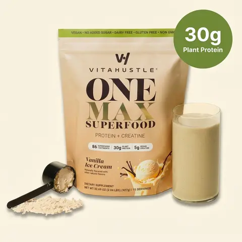 VitaHustle ONE MAX 30g Protein + 5g Creatine Nutrition Shake, Vitamins, Adaptogens, Daily Greens, Probiotics, Vegan, Dairy-Free, Gluten-Free, Non-GMO, double chocolate, vanilla ice cream, Fitness, Fiber Muscle Support Dietary Supplement, Protein Nutrition