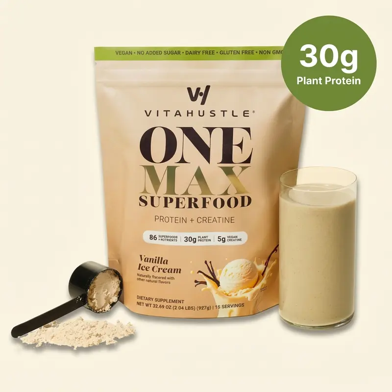 VitaHustle ONE MAX 30g Protein + 5g Creatine Nutrition Shake, Vitamins, Adaptogens, Daily Greens, Probiotics, Vegan, Dairy-Free, Gluten-Free, Non-GMO, double chocolate, vanilla ice cream, Fitness, Fiber Muscle Support Dietary Supplement, Protein Nutrition