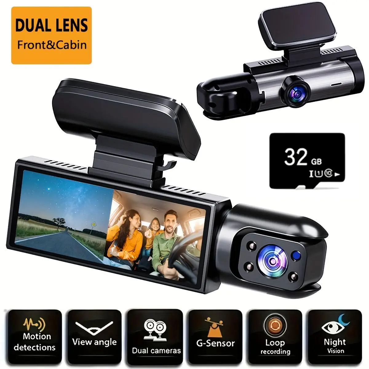 1080P Dash Cam, Dual-Camera Tachograph - Infrared Night Vision, Loop Recording, Wide-Angle Lens, 3.16-Inch IPS Screen With 32GB Memory Card Motion Det