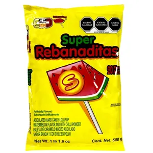 SUPER REBANADITAS - Acidulated Hard Candy Lollipop, Watermerlon & Mango Flavor And With Chili Powder / 20 Pieces Bag /
