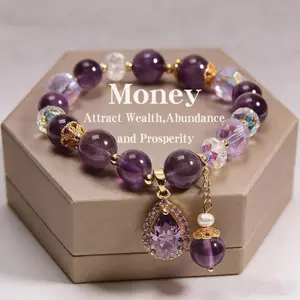 Bohemian Amethyst Round Bead Bracelet with 5-Petal Flower Pendant, Specific Colorful Jewelry for Women, Ideal Accessory for Everyday Wear & Boho Enthusiasts