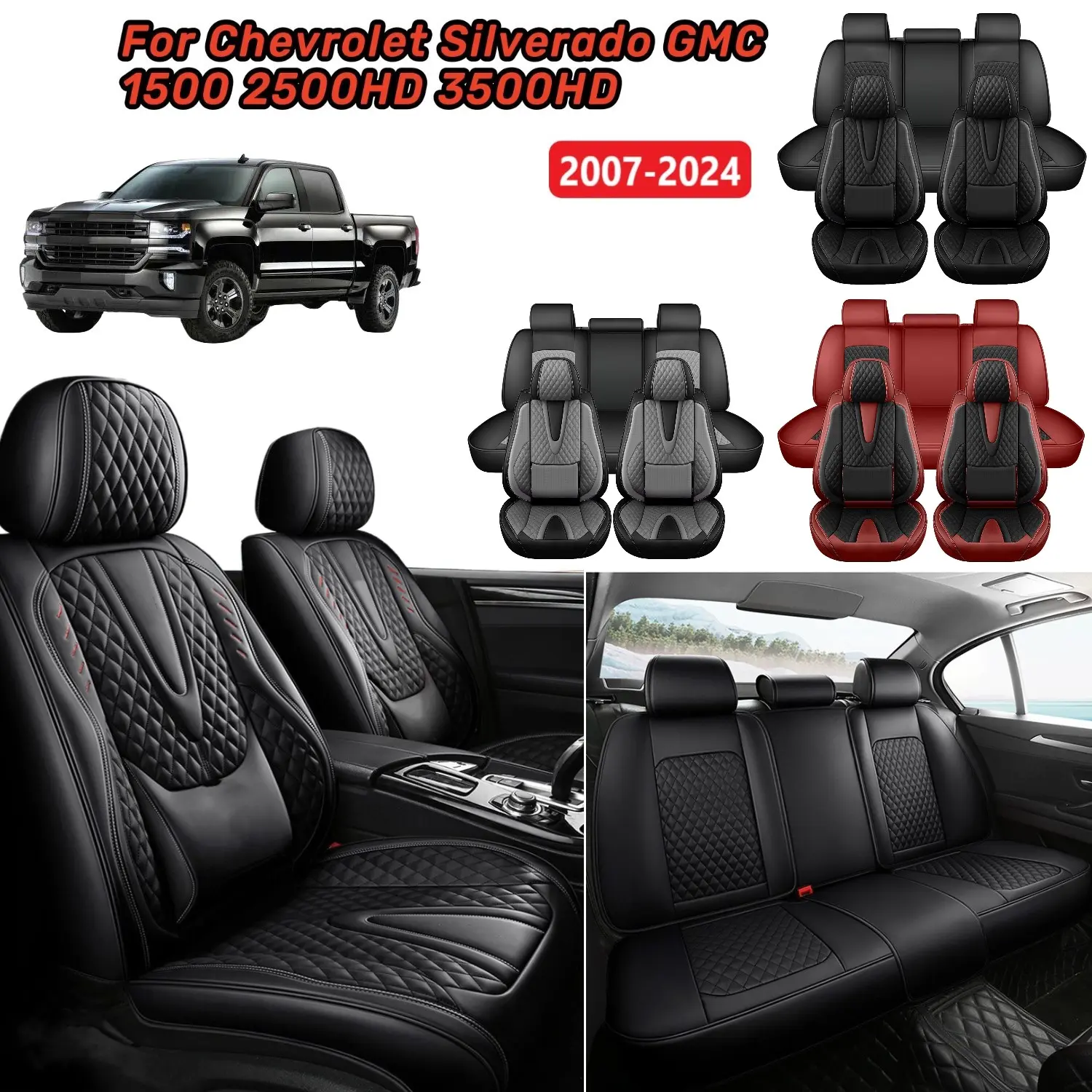 Fits For Chevrolet Silverado GMC 1500 2500HD 3500HD Car 5 Seat Covers Full Set PU Leather Front Rear Cushion Protector Pad Mat Full Surround Design - For Mother Father Lover Friend Christmas Valentine Gift