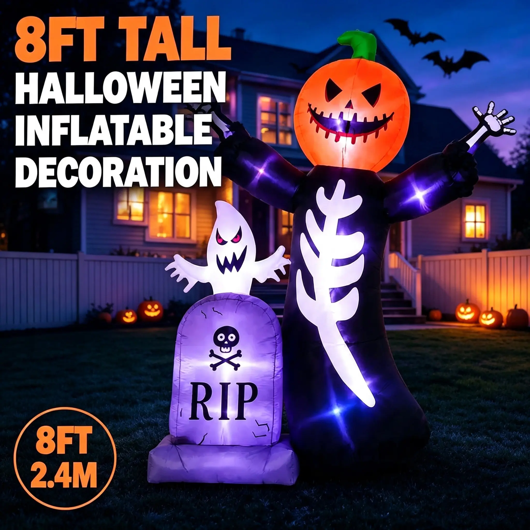 8FT Glowing Pumpkin Skeleton Ghost Inflatable Decor, LED Light & Scary Sound Effect Outdoor Halloween Party Yard Lawn Decor