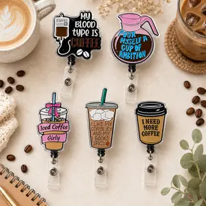 Coffee Lover Retractable Badge Reel Plastic ID Badge Holder Heavy Duty Name Card Clip For Work Employee Supply