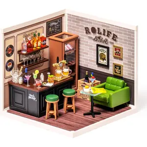 ROBOTIME Miniature House Kit DIY Plastic House Building Toy Set with LED Tiny Store Making Kit Model Craft Hobby Unique Gift (DW012 Leisurely Cheers Bar)