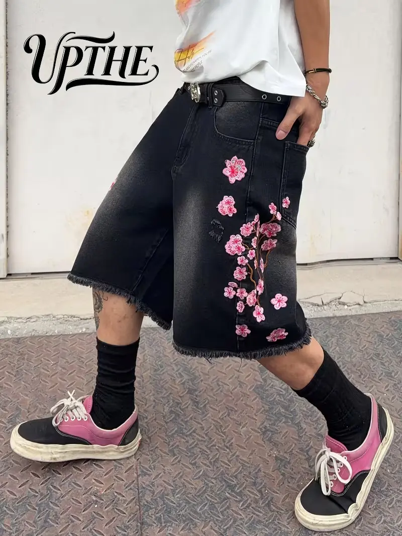 UPTHE Men's Denim Jorts with Graphic Cherry Blossom Embroidery, Oversized Wide Leg Fit, Vintage Hip Hop Streetwear Aesthetic, Outfits, Long, Floral, Loose, Classic, Casual, Buttons, Denim Shorts, Baggy Jorts, Menswear, Jeans, Halloween