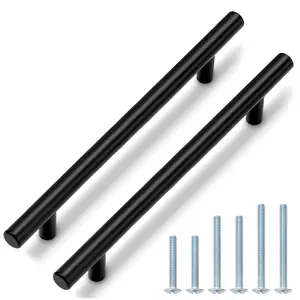 Probrico 1 Pack/5Pack| Flat Black Euro T Bar Cabinet Handles Stainless Steel Hardware Cupboard Pull Kitchen Cabinet Handles Dresser Pulls- 7-9/16" Hole Centers