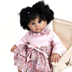 24-Inch African-American Reborn Baby Doll - Brown Skin, Rooted Black Curly Hair, Blue Eyes, Elegant Lace Collar Floral Dress, Lace Socks, White Shoes, Butterfly Pacifier Gift Set for 4-6 Years Girls (Toys & Hobbies, Fashion Dolls)