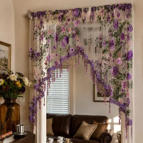Vintage French Country Whimsical Purple Rose Embroidery Arched Valance - Beaded Tassels, Indoor Home Decoration Curtain, Bedroom Use, Arch Framing, Vintage Home Decor, Purple Floral Hanging Decor, Interior Decoration Accessories