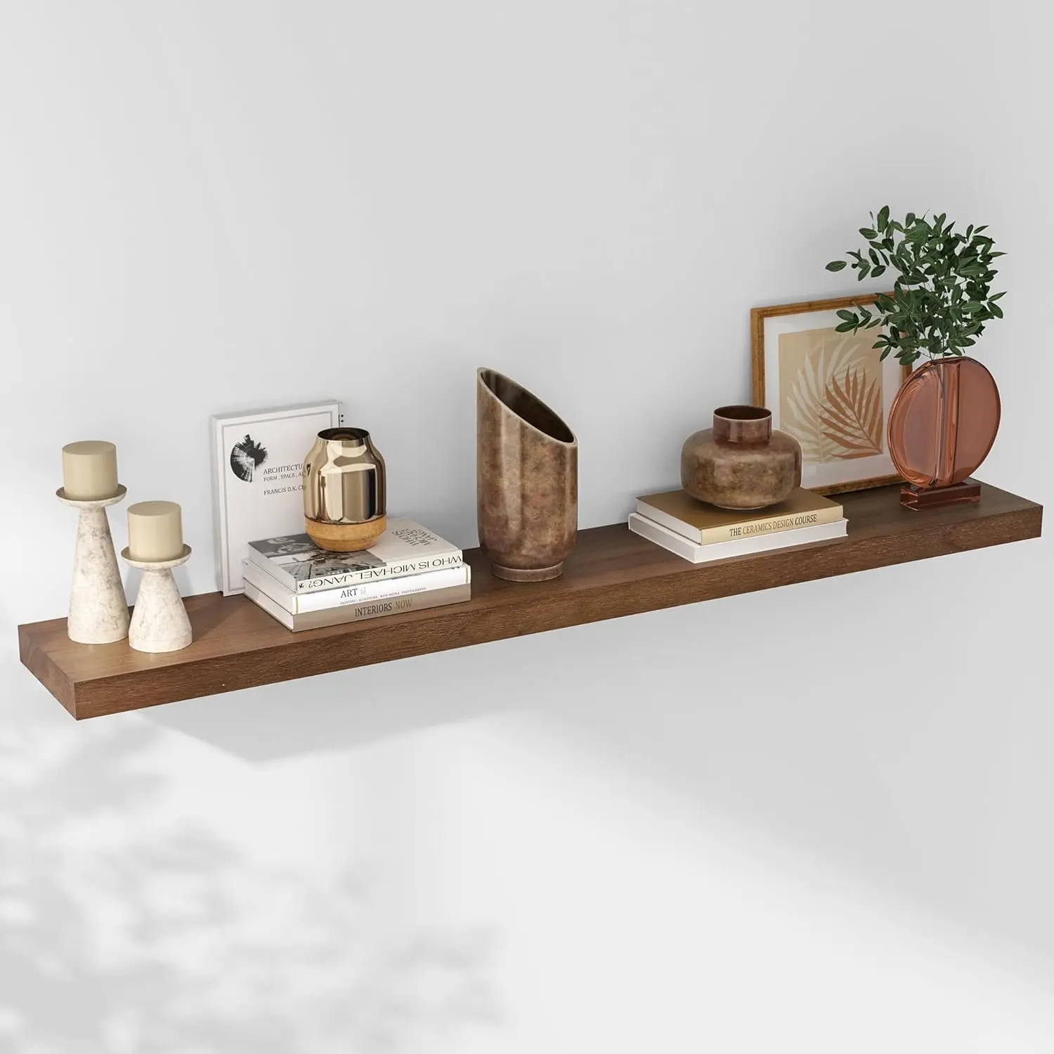 Floating Shelves, 8 Inch Deep Modern Solid  Wall Shelves for Storage, Wall Mounted Display Shelving with Invisible Heavy-Duty Metal Bracket, 48" W x 8" D x 1.6" H, Walnut