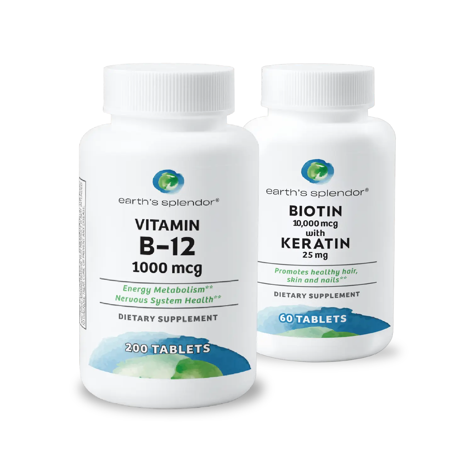Energy + Beauty Support Bundle - Vitamin B12 1.000 mcg Tablets & Biotin 10,000 mcg with Keratin 25 mg Tablets