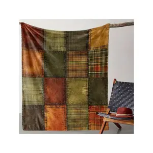 Warm Vintage Rustic Patchwork Plaid Cozy Soft Fleece Throw Blanket, Earthy Toned Country Style Decorative Cozy Blanket for Couch Sofa Home Decor