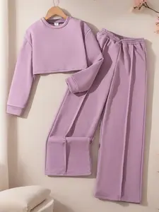 Two-piece Set Girl's Solid Long Sleeve Tee & Flare Leg Pants Set, Casual Round Neck Top & Bell Bottom Trousers Set for Fall & Winter, Cute Clothing Set, Girl Clothes, Kids Clothes for Daily Wear, Fashion Clothes Set, Casual Outfit Set