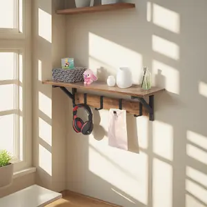 Caffoz JJS Floating Shelf Coat Rack Wall Mounted Storage Shelves with Coat Hooks Key Holder for Entryway Hallway Bathroom Living Room Bedroom 5-10 kg Capacity