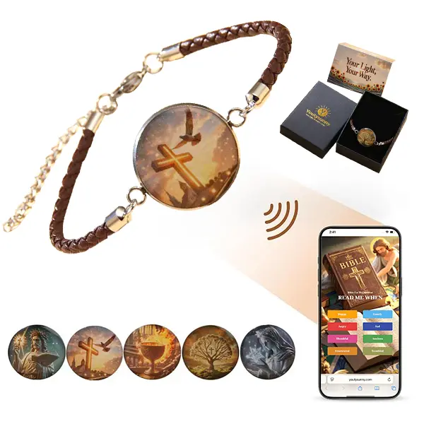 YOUTYSUNNY Unisex Fit Religious NFC Tech Bracelet - Handmade Braided Cord, Sacred Symbol Pendant, Adjustable Stainless Steel Silver Metal Chain (19.5-24.5cm), Tap for Bible Verses, 1000+ Hymns, AI Mood-Curated, Waterproof Casual Daily Wear Faith Gift, Adj