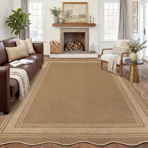 Washable Scalloped Easy Jute Rugs, Modern Bordered Outdoor Patio Rug for Porch Backyard, Indoor Farmhouse Non Slip Living Room Rug, Stain Resistant Minimalist Machine Washable Area Rug for Bedroom Dining Room