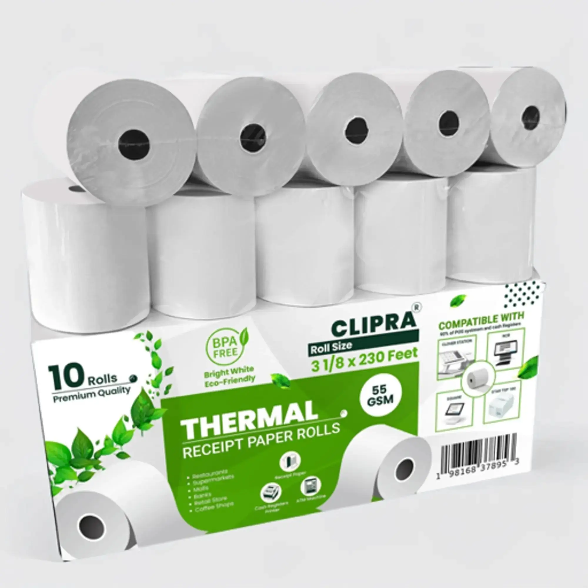 CLIPRA 3 1/8 x 230 Thermal Paper Receipt Rolls (10 PACK) 55 GSM - Compatible with ALL POS Systems, Cash Registers - BPA Free, Premium Quality Receipt Paper Rolls