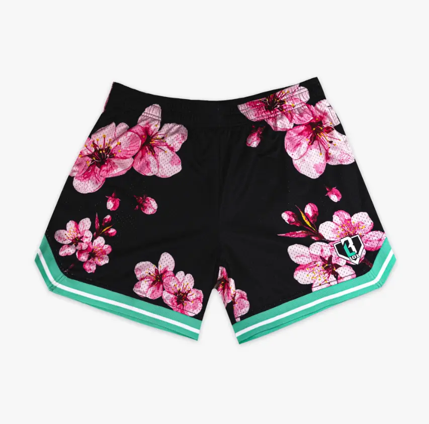 BL101 Cherry Blossoms Court Shorts for Youth & Adults, Cherry Blossom Baseball Lifestyle Apparel, Athletic Game Day Shorts