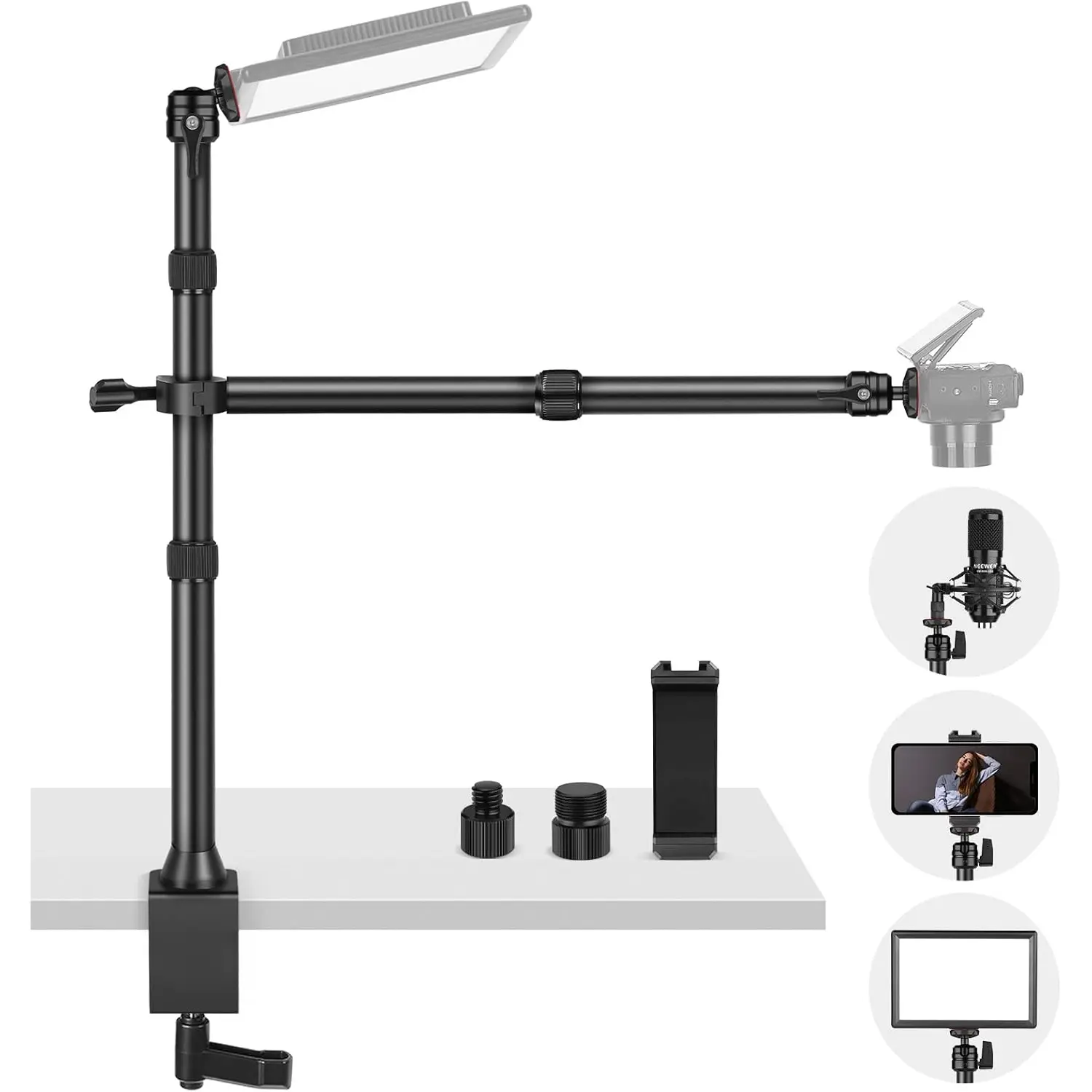 TL253A+DS001 Table Camera Tripod with 2 Telescopic Arms, Phone Holder, Ball Heads, Screw Adapter, Table Light Stand for Camera, Mobile Phone, Webcam, Ring Light